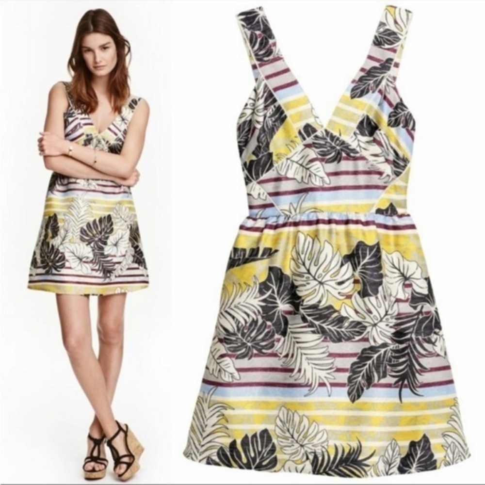 H&M flair dress in beautiful print with metallic thread open back size 10